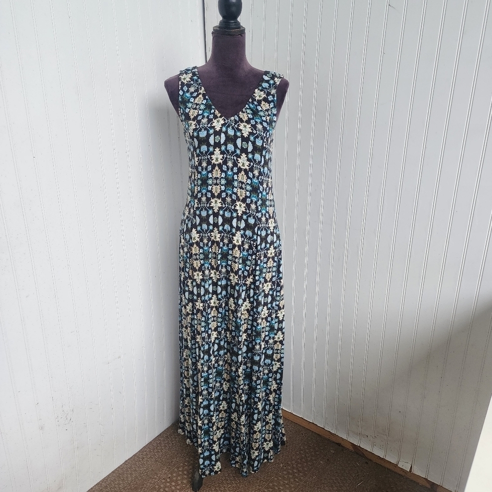 Denim & Co Canyon Retreat Shirred V-Neck Maxi Dress Washed Black Linen Cotton XS